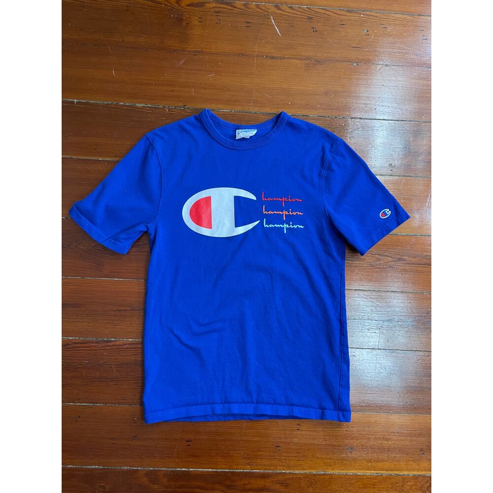 Champion Heritage Logo Tee Blue Small Embroidered Script Streetwear Shirt